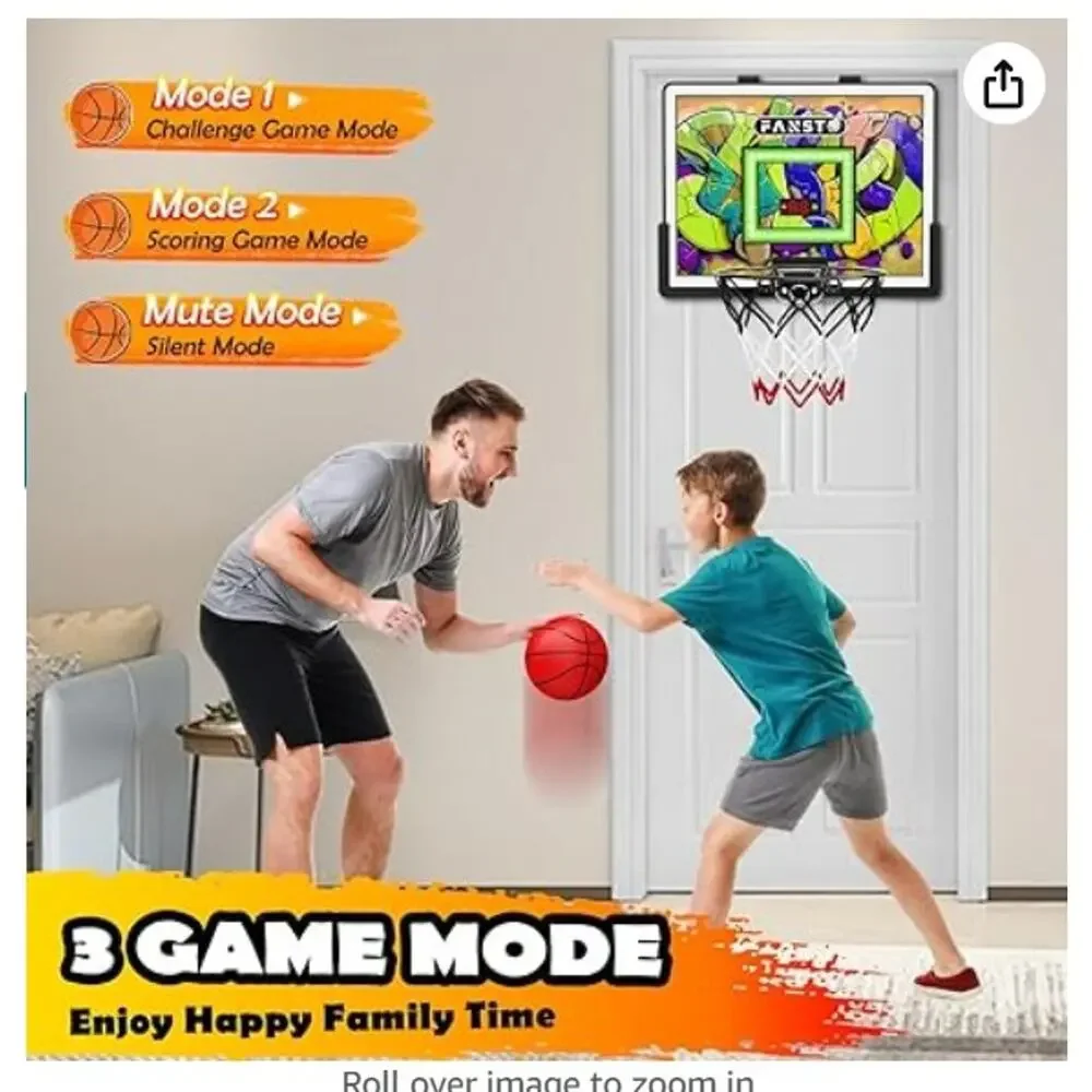 Indoor Basketball Hoop, 4 balls, Over The Door LED 2 Game Mode& Mute Mode